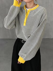 FRIFUL 女款黑白條紋休閒學院風日常長袖T恤，適合秋季日常與校園穿著 - 黃色 - 查看 4