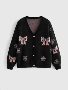 ROMWE Goth Dark Sweet Cool Plus Size Women's Short Cardigan Sweater, Pink Bow & Snowflake Pattern, V-Neck Design, Christmas Party Sweater - Black - View 1