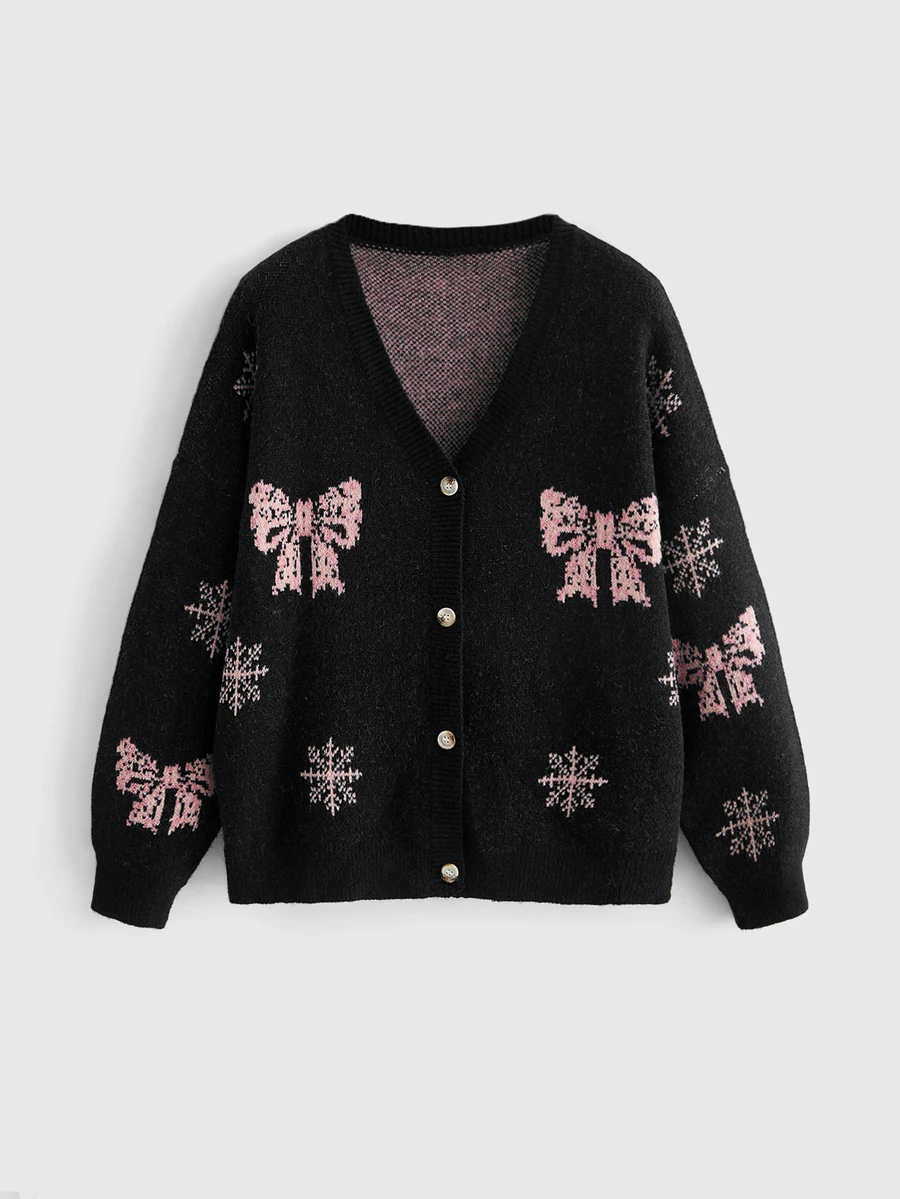 ROMWE Goth Dark Sweet Cool Plus Size Women's Short Cardigan Sweater, Pink Bow & Snowflake Pattern, V-Neck Design, Christmas Party Sweater - Black - View 1