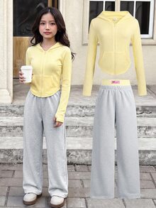 SHEIN 兒童青少年女孩 2 件套 針織條紋休閒運動連帽拉鍊長袖外套與拼色拼接 Logo 直筒寬腿針織長褲套裝，淡黃色與粉色，Y2K 風格 - 彩色 - 查看 7