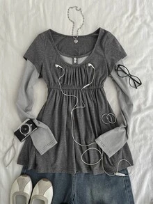 Attitoon 女款休閒復古長袖 2 合 1 T恤，秋冬服飾 - 彩色 - 查看 2