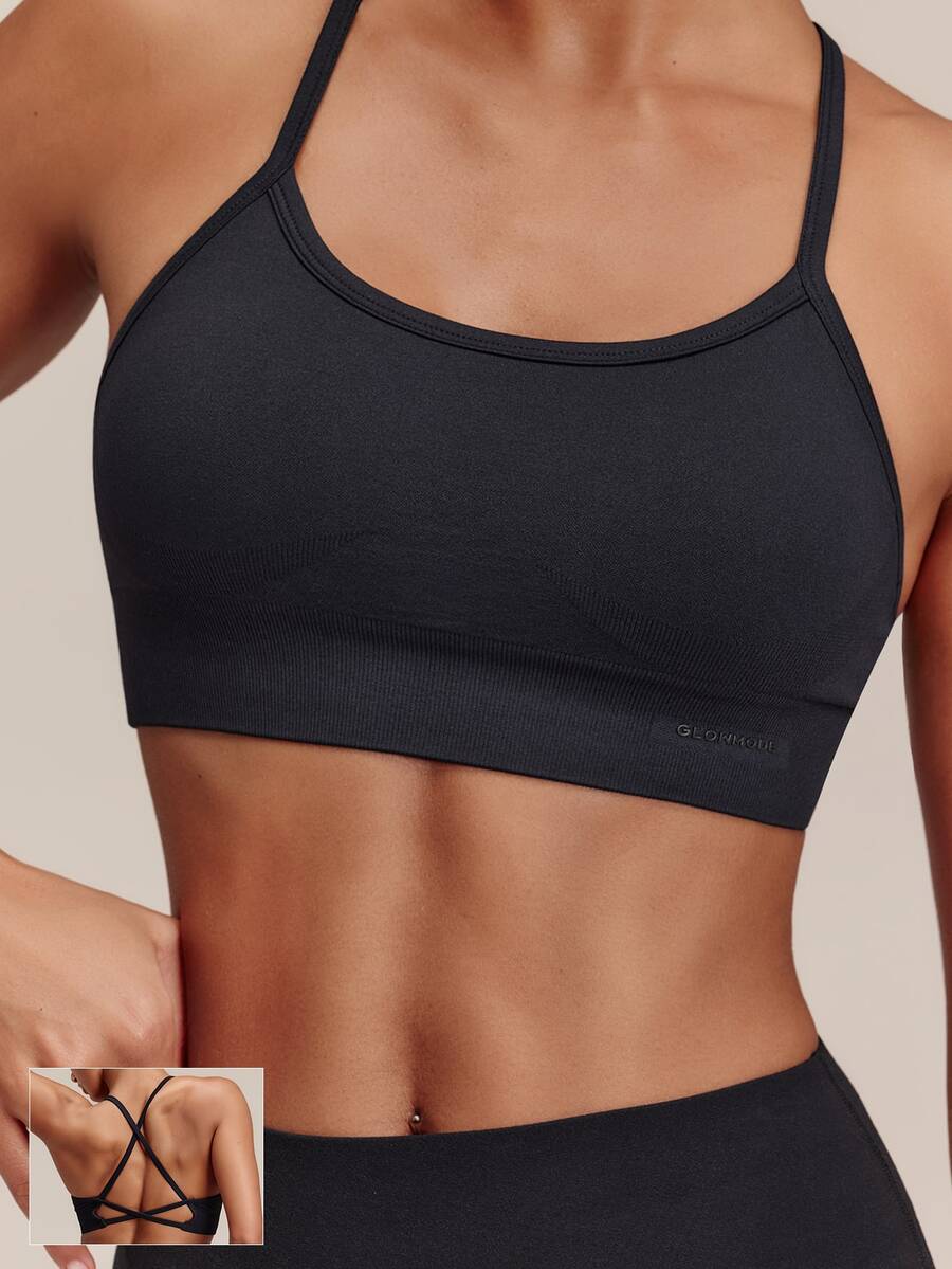 GLOWMODE Seamless Cross The Line Sports Bra With Double Cross-Back Design & Removable Cups Low Impact Yoga Pilates Studio Active Wear - Black - View 1