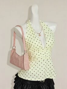 SHEIN ICON 掛脖深V領收腰A字露背波點背心上衣 - 淡黃色 - 查看 6