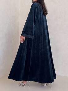 Al Najma Women Fall Winter Warm Navy Blue Velvet Lace Trim Open Front Long Sleeve Loose Long Abaya Kaftan For Home Visiting Gathering - Blue - View 6