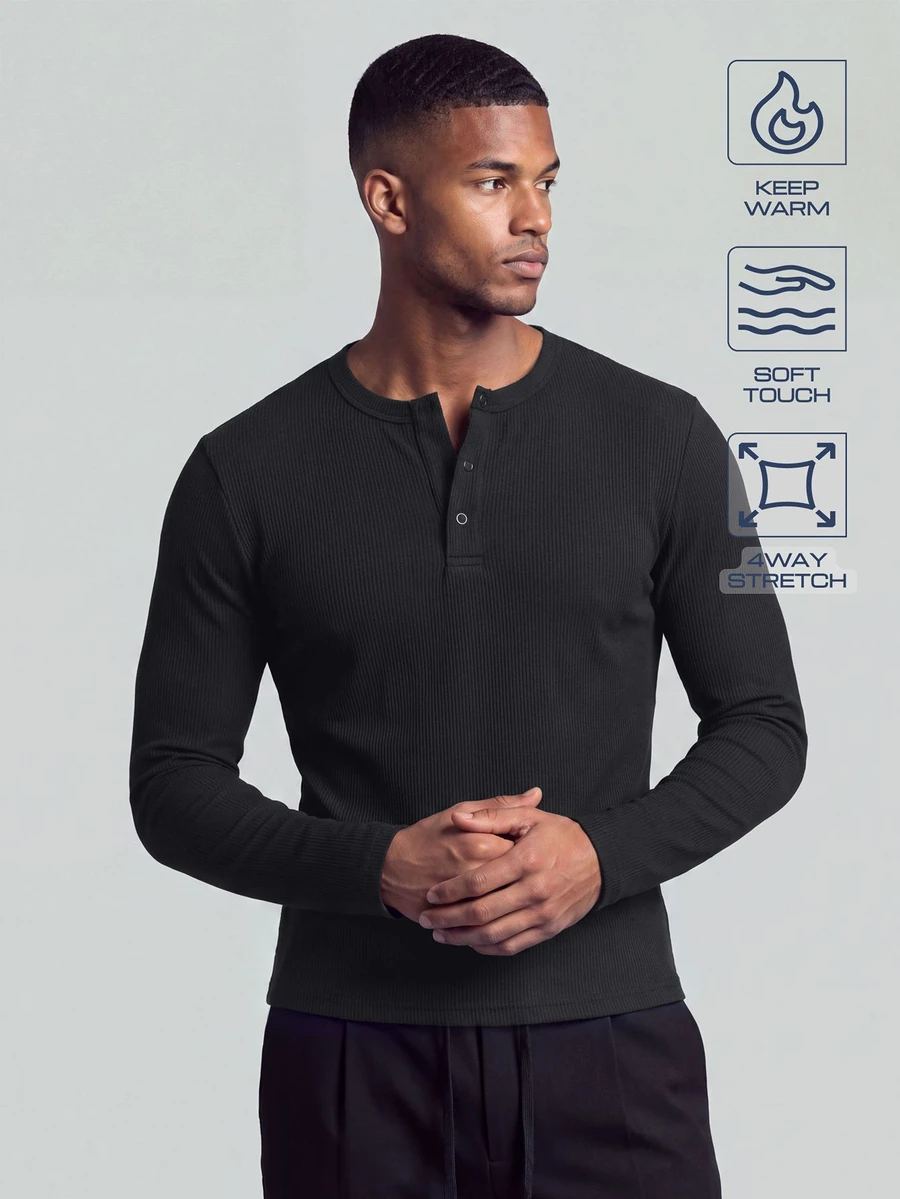 TekDrob Ribbed Henley T-Shirt With Long Sleeves And Far Infrared Heating Effect - Black - View 1