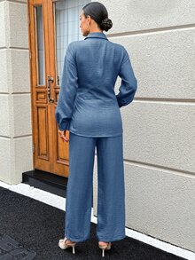 SHEIN Maternity Solid Color Single-Breasted Waist Tie Decor Long Sleeve Blouse And Casual Loose Pants 2 Pieces Set - Blue - View 5