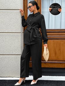 SHEIN 孕婦純色單排扣蝴蝶結前綁帶長袖上衣與長褲兩件套 - 黑色 - 查看 4