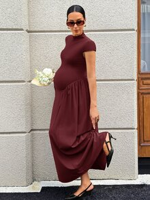 MaterniWear 孕婦純色舒適簡約洋裝，適合約會、度假、派對、日常穿著、聚會、戶外活動 - 酒紅色 - 查看 9