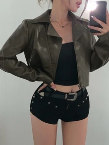 DAZY 秋冬橄欖綠街頭寬鬆休閒短版PU皮革機車夾克女款Y2K上衣 - 橄欖綠 - 查看 6