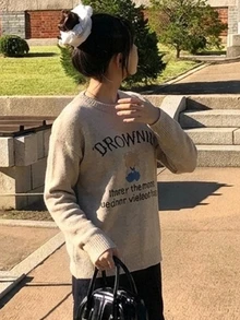 DAZY Women's Contrast Letter Pattern Embroidered Loose Long Sleeve Crew Neck Casual Daily Vacation Korean Street Style Autumn/Winter Knit Sweater - Khaki - View 6