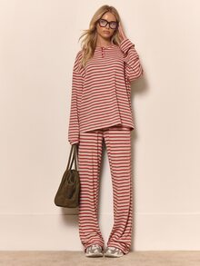 MUSERA Stripe Drop Shoulder Oversized Long Sleeve Button Neck Detail Top Cute Cool Girl Cosy Fall - Red - View 3