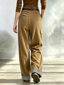 LUMIGAL Women's Autumn Solid Color Faux Pocket Straight Leg Loose Casual Long Pants - Khaki - View 2