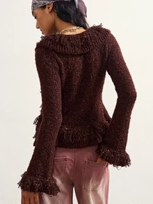Bohemela Women's Patchwork Ruffle Front Tie Fashion Knit Cardigan - Coffee Brown - View 7