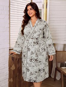 Serenescape Minimalist Floral Print Plus Size Long Sleeve Robe - Apricot - View 6