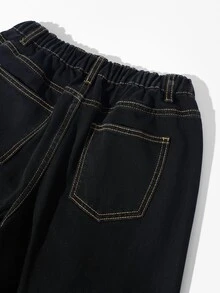 SHEIN Teen Girls Y2K Tea Color Contrast Stitching Black Gray Washed Loose Straight Leg Wide Leg Denim Jeans, Back To School Casual Street Style Denim Pants - Black - View 8