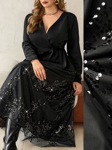 Roveilla Setelan Wanita Ukuran Besar: Blazer Tanpa Kerah + Rok Berpayet - Hitam - View 1
