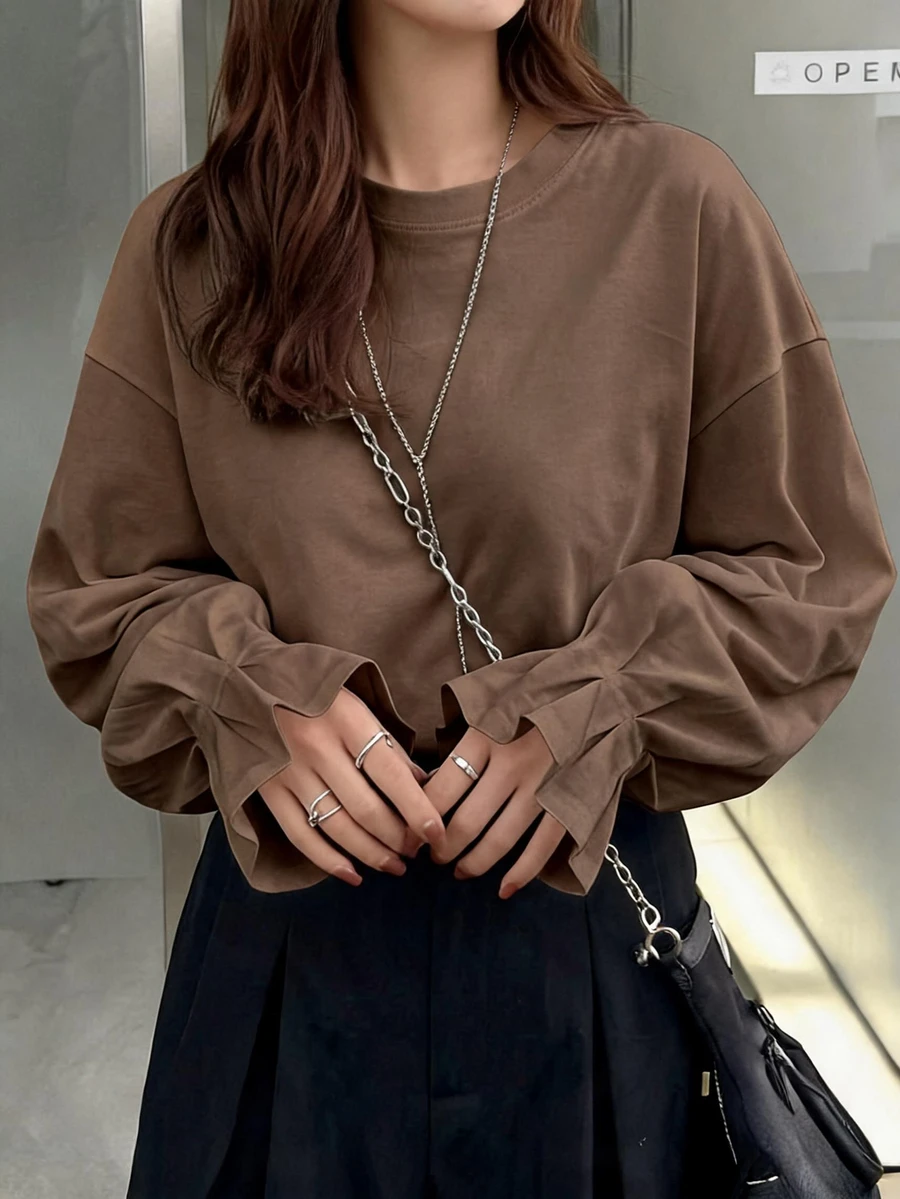 FRIFUL Kaos Lengan Panjang Wanita Warna Polos Kasual Serbaguna untuk Sehari-hari - Coklat - View 1