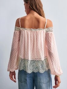 Willow Rêve Women's Chiffon Cut-Out Contrast Lace Long Sleeve Pink Camisole Top - Pink - View 2