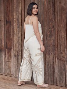 CAJUNI Plus Size Women's Coconut Tree Print Cami Top And Pants Casual Everyday Set - Beige - View 2