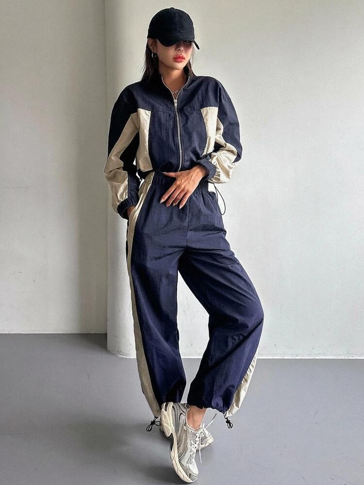 DAZY 女款拼色拼接立領夾克外套與長褲時尚兩件套 - 藏蓝色 - 查看 3