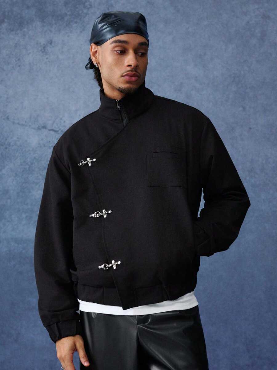 PAVTROS Men's Plus Size Functional Asymmetric Metal Button Aviator Jacket, Cleanfit Minimalist Style, Unique Design, Luxury High-End, Dark Functional Style, Avant-Garde Deconstruction Style, Cleanfit Minimalist Style, Unisex Couple Outfit, Holiday Gift - Black - View 1