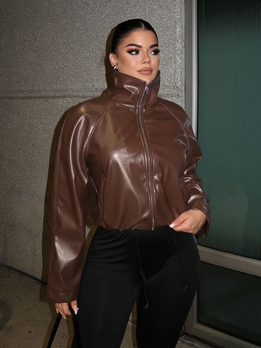 SHEIN SXY Jaket Lengan Panjang Kasual Serbaguna Wanita dengan Resleting dan Bahan Kulit PU Warna Polos - Coffee Brown - View 1