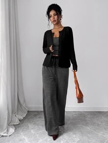GlowEve Women's Knit Solid Color Cardigan With Front Button Closure, Striped Slim Fit Camisole With Drawstring Decor, Elegant Casual Commute Daily Outing Long Pants 3 Pieces Set - Black - View 4
