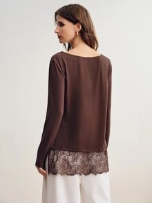 Briarwyn Elegant Solid Color Lace Patchwork Boat Neck Long Sleeve Women's T-Shirt - Coffee Brown - View 2