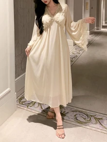 DAZY Women's Lace Patchwork V-Neck 3/4 Sleeve Waist-Cinching Long Dress Nightgown - Apricot - View 4