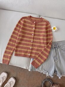 SHEIN LUNE 女款休閒法式夏日度假通勤日常基礎時尚穿搭 秋冬磚紅色極簡長袖針織毛衣上衣 早午餐 - 卡其色 - 查看 8