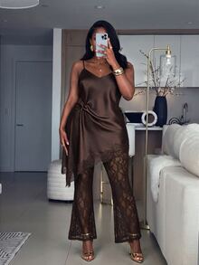 Firerie Plus Size Women Solid Color Contrast Lace Asymmetric Hem Camisole Top And Flare Pants Elegant Set - Coffee Brown - View 5