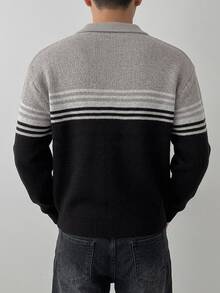 DAZY Autumn/Winter Navy Blue Striped Colorblock Polo Collar Men's Sweater - Multicolor - View 2