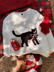 Comfortcana Women's Cartoon Cat Print Crew Neck Long Sleeve Casual T-Shirt - White - View 1