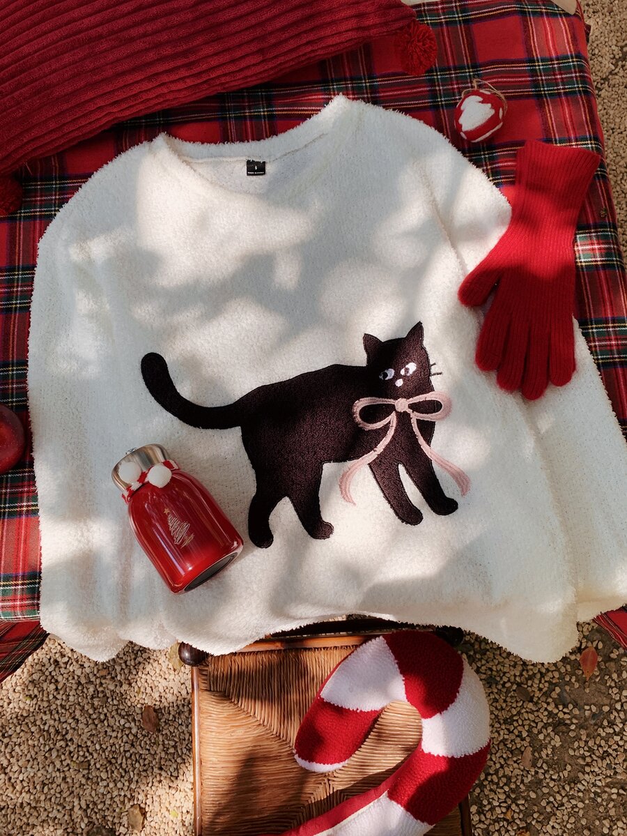 Comfortcana Women's Cartoon Cat Print Crew Neck Long Sleeve Casual T-Shirt - White - View 1
