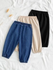 SHEIN 3件組幼兒男童牛仔慢跑褲 學院風 藍色 米色 黑色 抽繩彈性腰 束口褲腳 常規款 假日 秋季 冬季 素色 - 彩色 - 查看 2