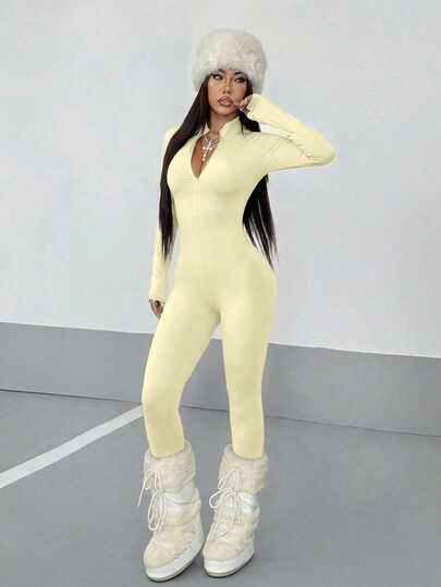 StreetHx Streetwear Women's Solid Color Long Sleeve Half-Zip Jumpsuit, Autumn