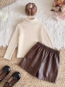 SHEIN Baby Girl Solid Color High Neck Long Sleeve T-Shirt And PU Leather Asymmetric Hem Skort Fashion Set - Brown - View 7