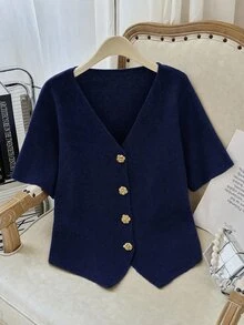 Seusyu Plus Size Solid Color V-Neck Button Front Casual Versatile Short Sleeve Sweater In Fall/Winter - Navy Blue - View 3