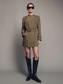 MOTF PREMIUM Gaun Pendek Trench Coat Berikat Gaya Urban, Musim Gugur/Dingin - Unta - View 3
