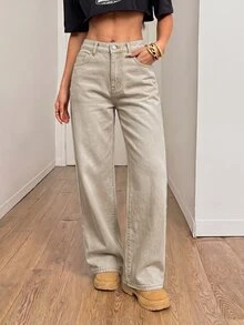 SHEIN PETITE Women's Minimalist Solid Color Zipper Fly Straight Leg Jeans Suitable For Daily Wear - Khaki - View 5