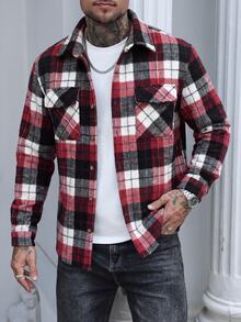 EGENSIO Men's Turn Collar Long Sleeve Casual Overcoat - Red and White - View 1