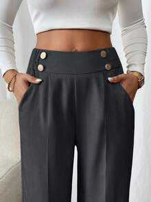 SHEIN PETITE CURVE Plus Size Women's Double Buckle Straight Leg Elegant Casual Commuter Pants Office Formal Grey Autumn - Dark Grey - View 5