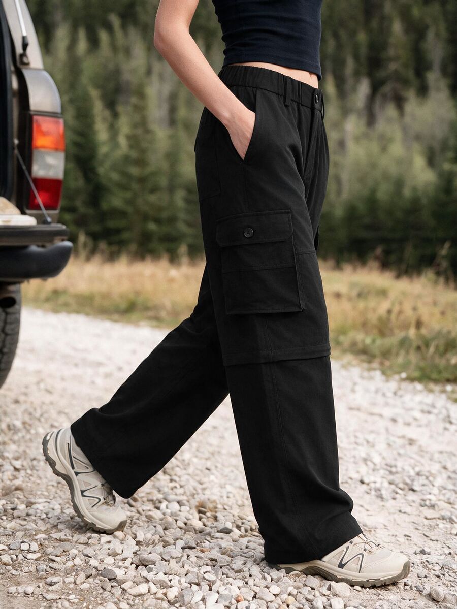 WanderVale Women's Solid Color Pocket Casual Daily Outdoor Long Pants - Black - View 1