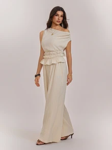SHEIN Tall Women's Asymmetrical Shoulder Ruched Waist Solid Color Top And Pants 2 Pieces Set - Apricot - View 1