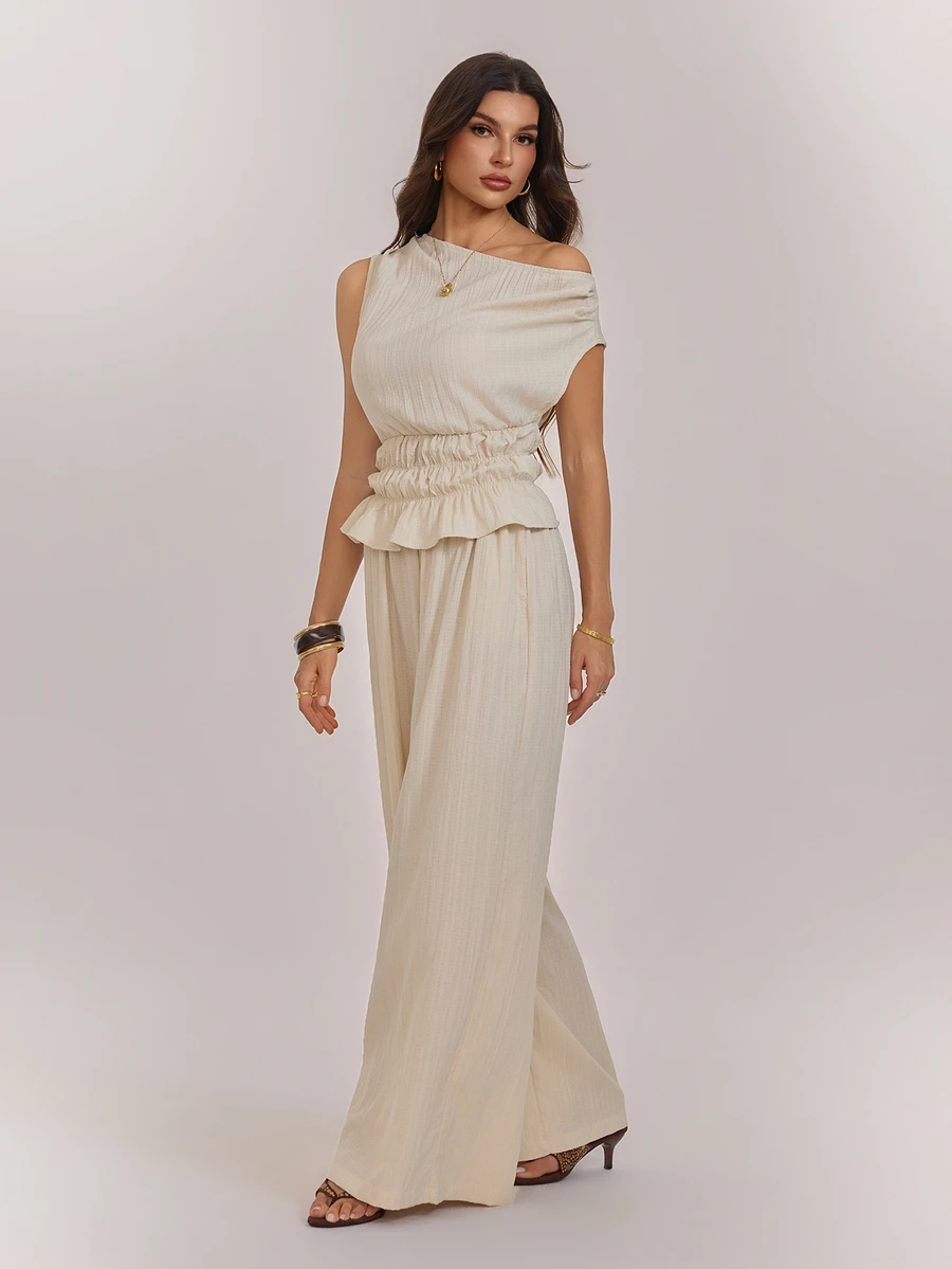 SHEIN Tall Women's Asymmetrical Shoulder Ruched Waist Solid Color Top And Pants 2 Pieces Set - Apricot - View 1