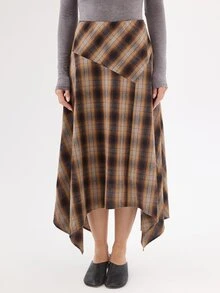 KÆRIA Hus Rok Midi Model Sapu Tangan Asimetris - Drape Warna Peach - Kotak-kotak Cokelat - Kotak-kotak, Gaya Barat, Era 90-an, Drape, Boho - Coklat - View 6