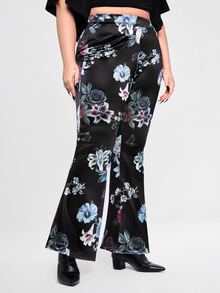 ROMWE Gothic Style Black Background Bright Floral Pattern Flared Leg Plus Size Women's Pants - Black - View 3
