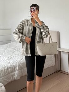 SHEIN EZwear Women's Regular Plaid Woven Jacket - Black and White - View 5