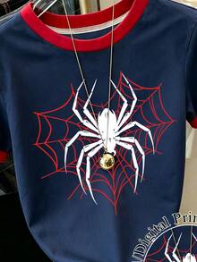 Resyla Women's Spider Web Print Crew Neck T-Shirt, Halloween T-Shirt, Casual Daily Summer Top - Navy Blue - View 3