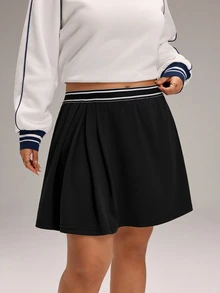 EMERY ROSE Plus Size Minimalist Casual Striped Colorblock Pleated Mini Skirt - Multicolor - View 3